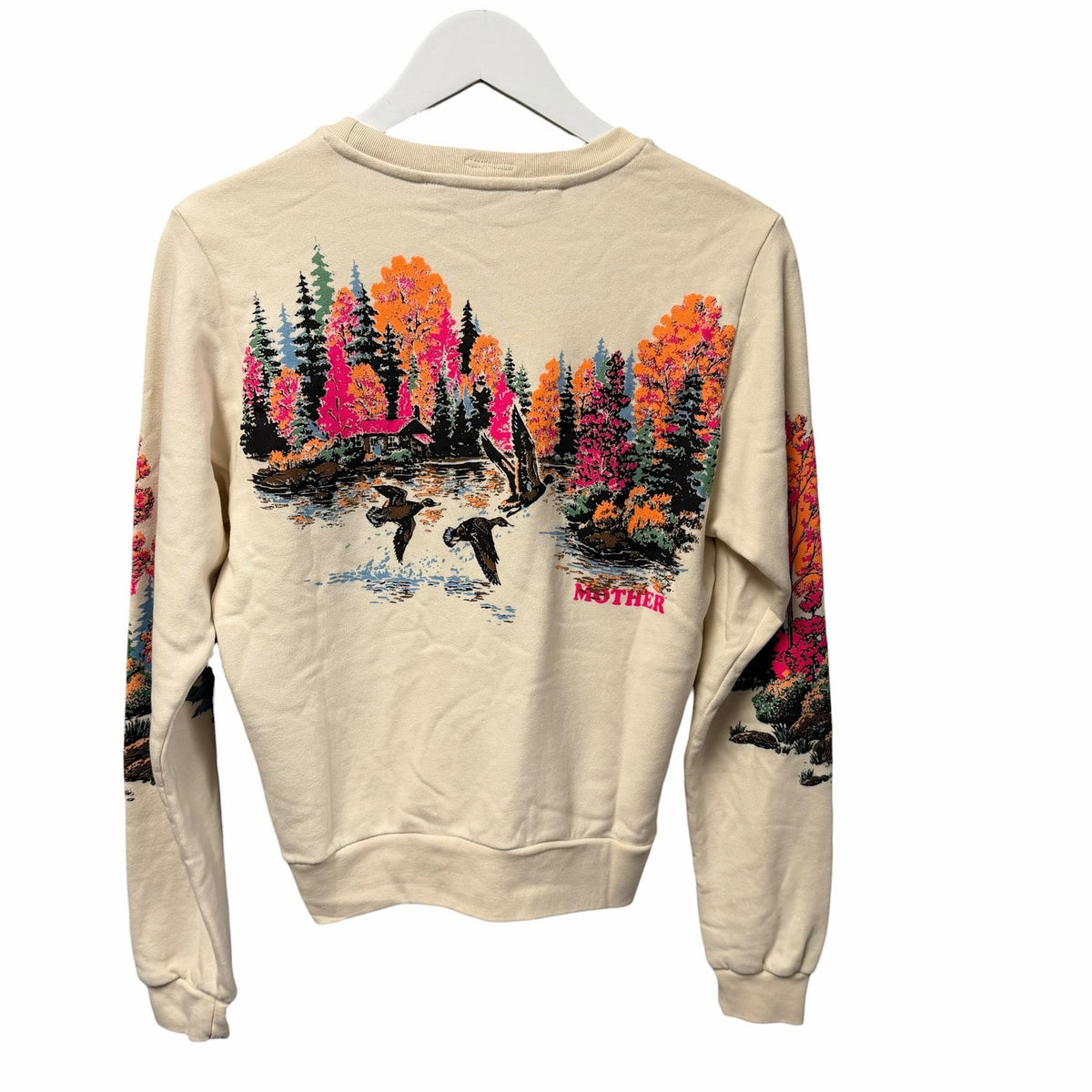 NWT Mother The Camper Sweatshirt Lake Scene Print Small Neon Cabincore Outdoor