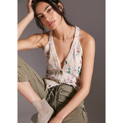 by Anthropologie Tan Multicolor Gardenia Button-Up Sweater Vest Womens Medium