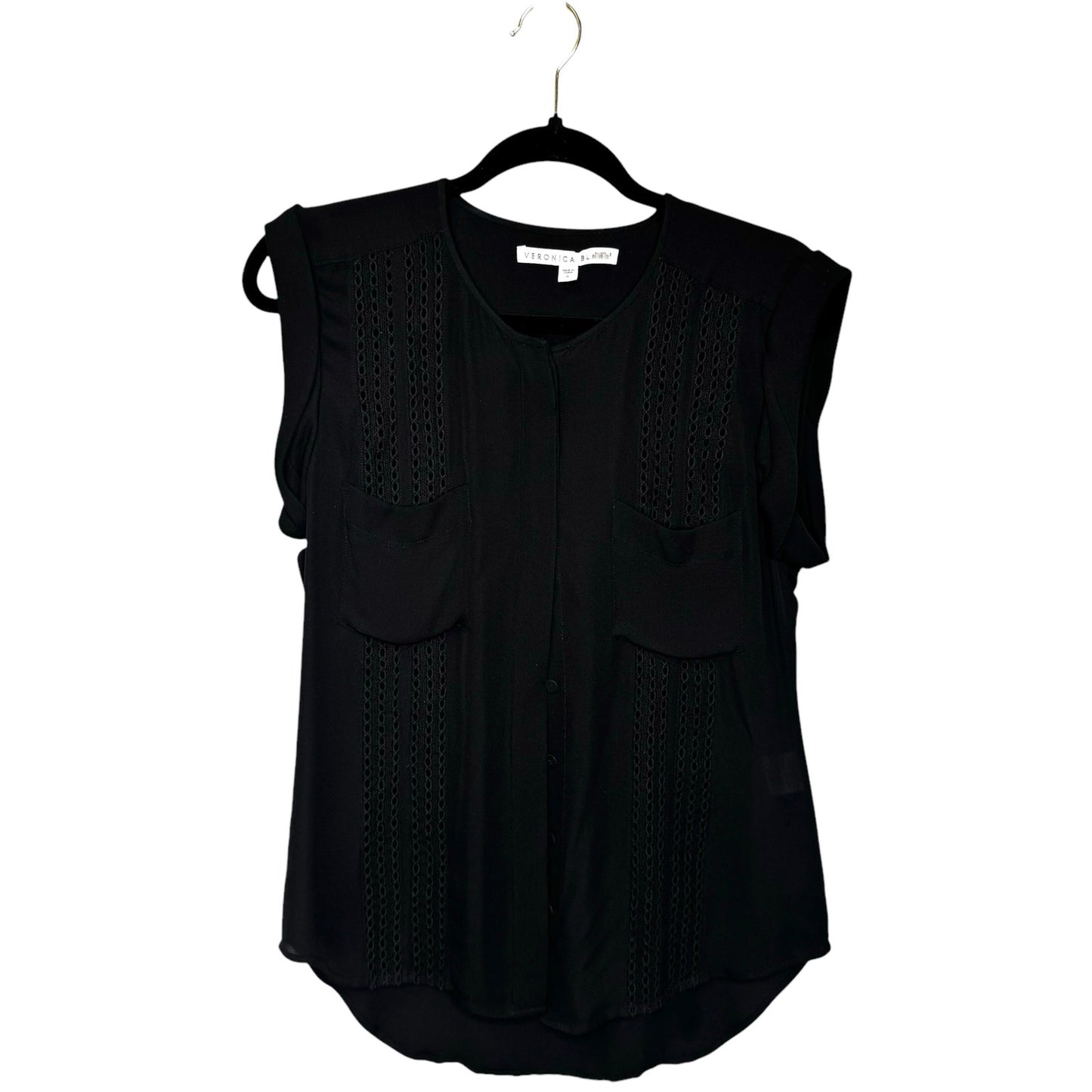 Veronica Beard Black Sleeveless Lace Inset Silk Button Up Top Womens 6