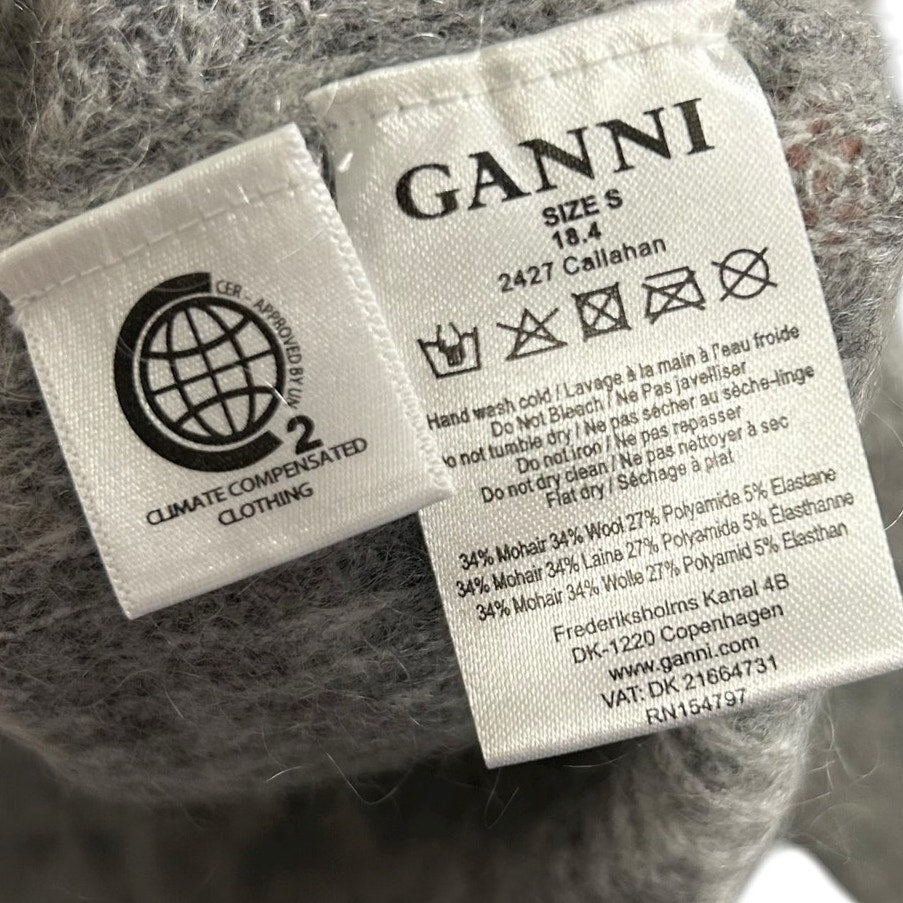 NWT Ganni Gray Mohair Wool Blend Callahan Knit Pullover Hoodie Womens Small