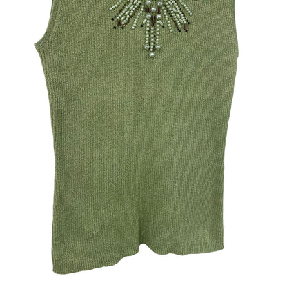 Vintage Christine Phillipe Metallic Knit Beaded Mock Neck Tank Top Green Small