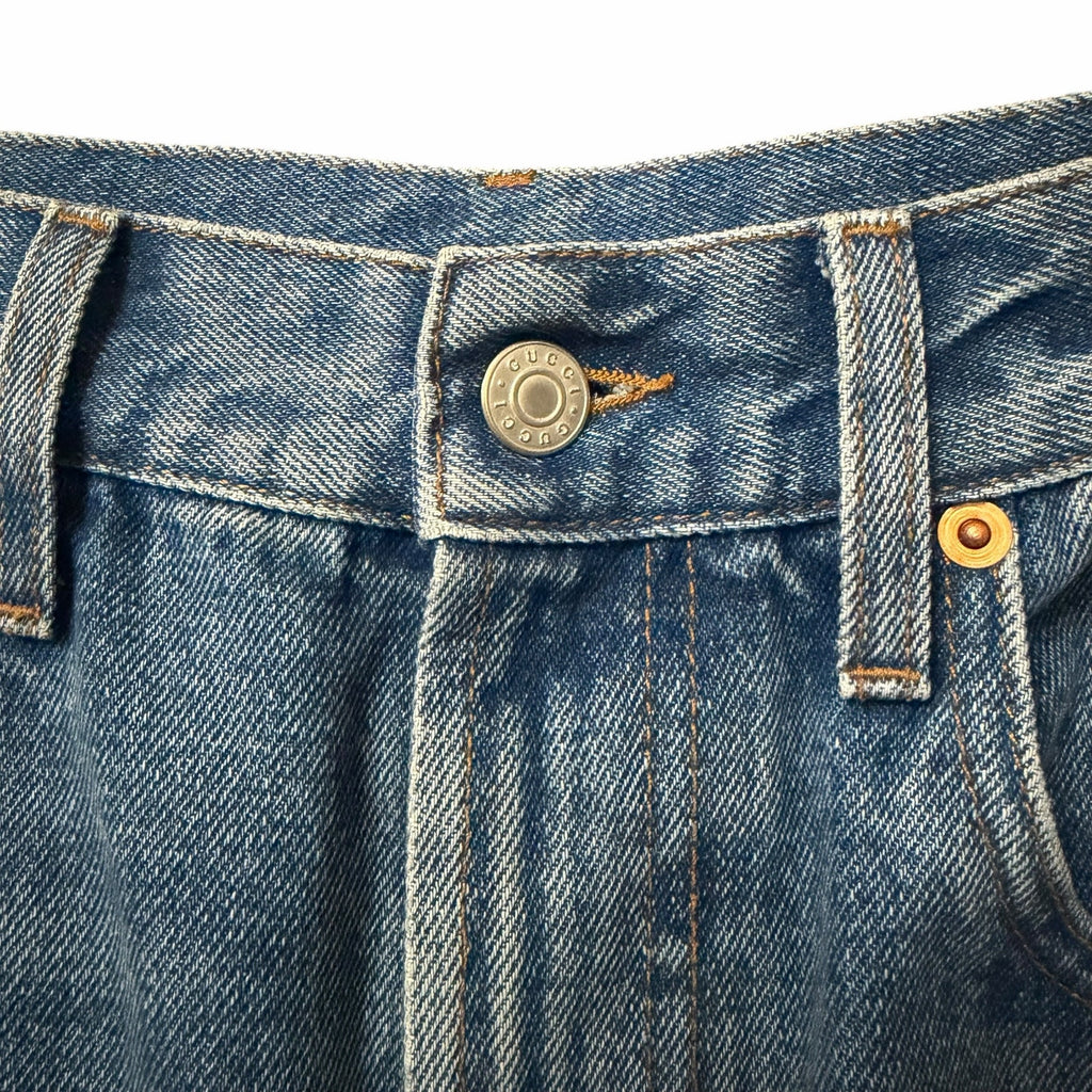 Gucci Horsebit High Rise Wide Leg Frayed Hem Jeans Light Wash Size 27 / US 6