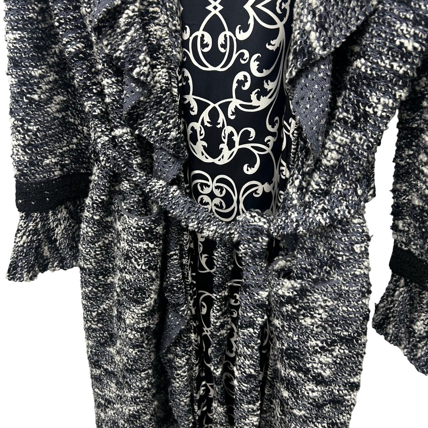 St. John Couture Grey White Black Belted Textured Long Coat Womens 12