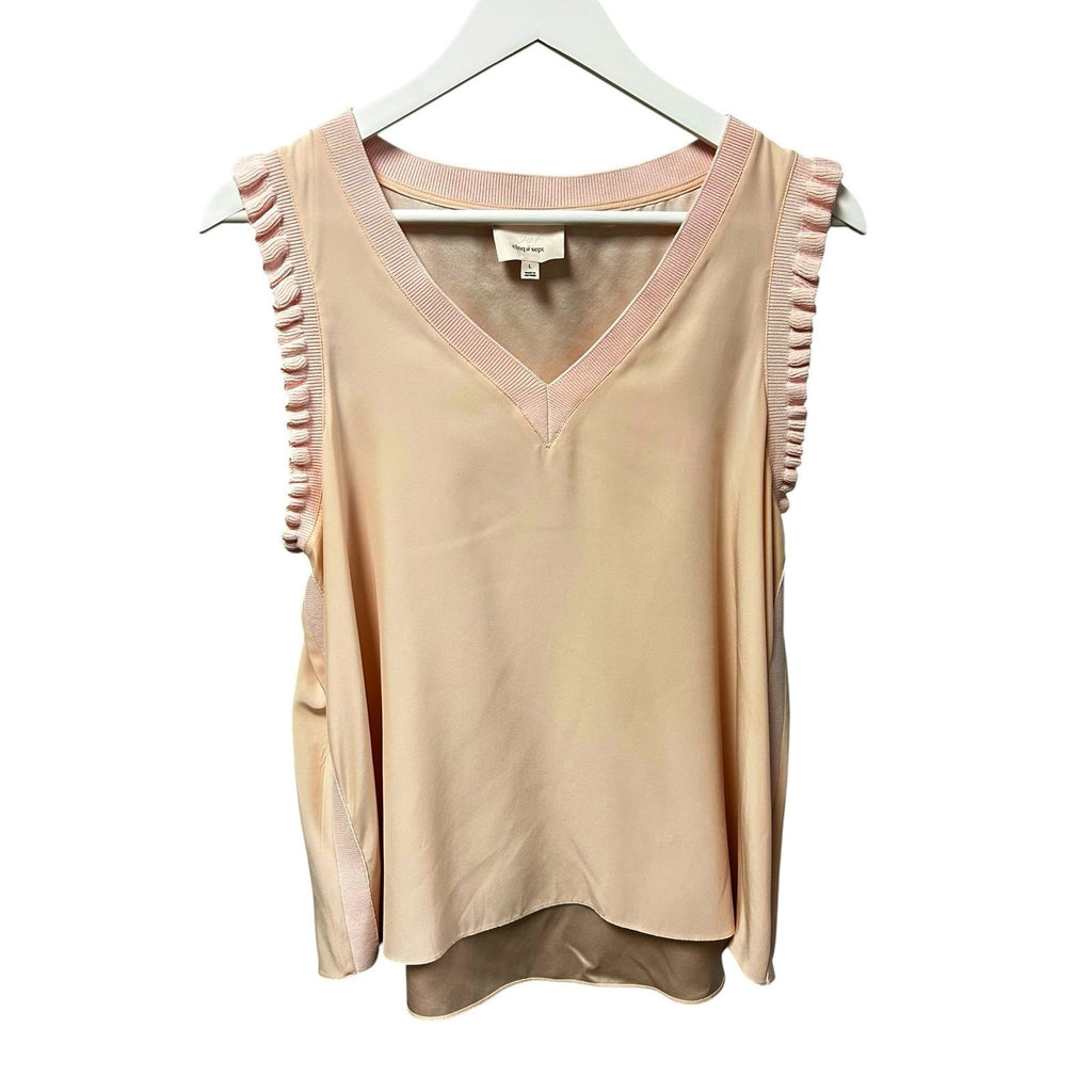 Cinq a Sept Pink Lenore V Neck 100% Silk Ruffle Sleeveless Top Womens Large