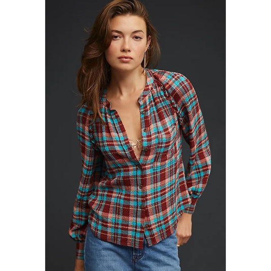 Pilcro Coral Blue Multicolor Plaid Long Sleeve Button Down Womens Petite Medium
