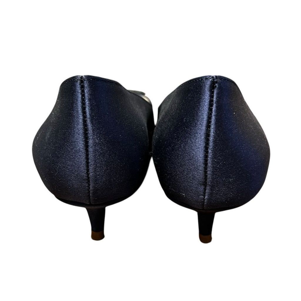 Something Bleu Navy Satin Bo Pointed Toe Floral Applique Kitten Heels Womens 6