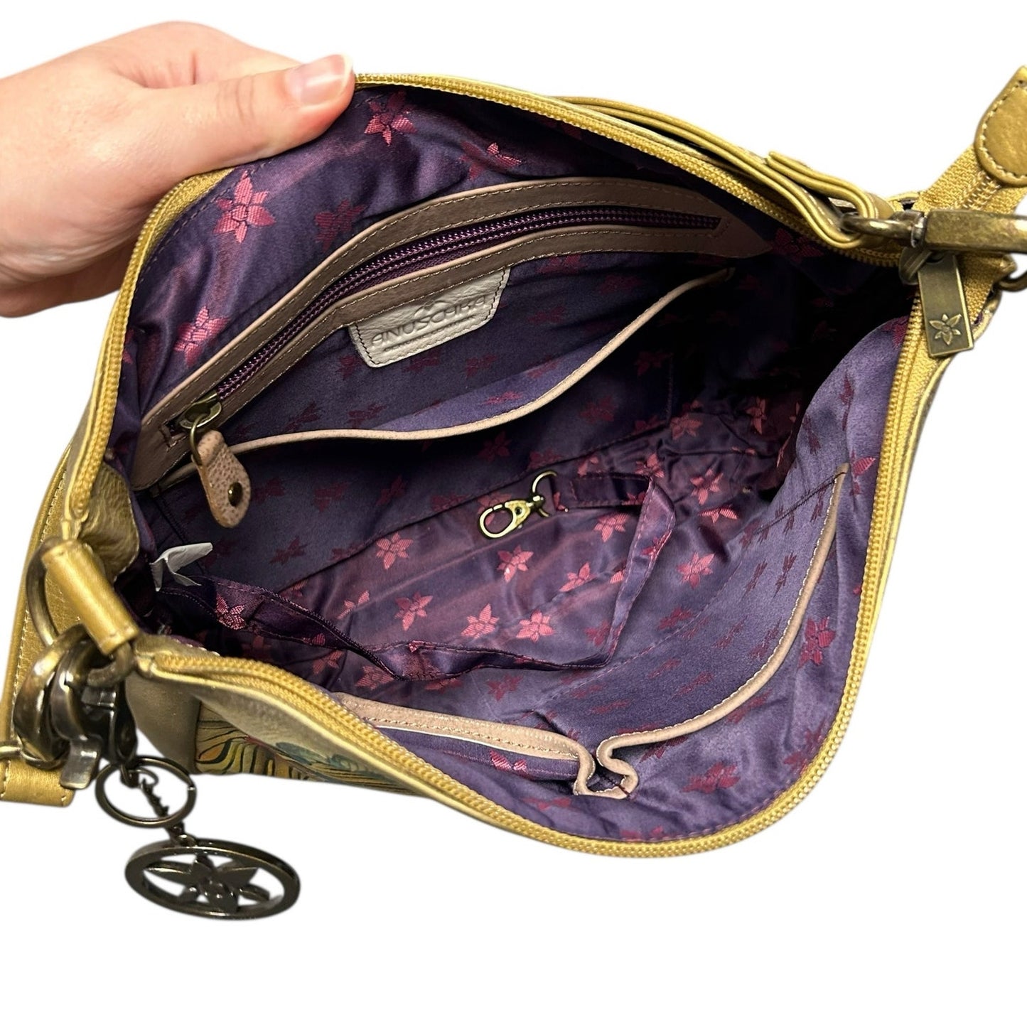 Anuschka Golden Horse Multicolor Butterflies Hand Painted Leather Shoulder Bag