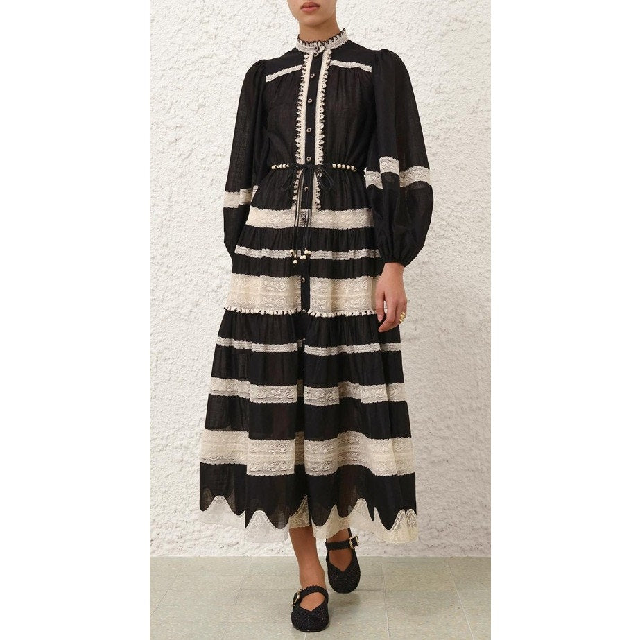 NWT Zimmermann Black Cream Rhiannon Lace Billow Midi Dress AU 0 / US 4