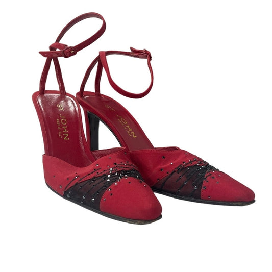 St. John Red Black Beaded Lace Ankle Strap Closed Toe Heels Womens 6.5
