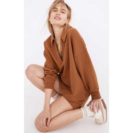 Madewell Cotton Hemp Oversized Polo Sweatshirt in Dried Acorn Brown Womens Small
