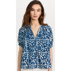 Apiece Apart Lumina Popover Blouse Organic Cotton Batik Floral Indigo Print XS