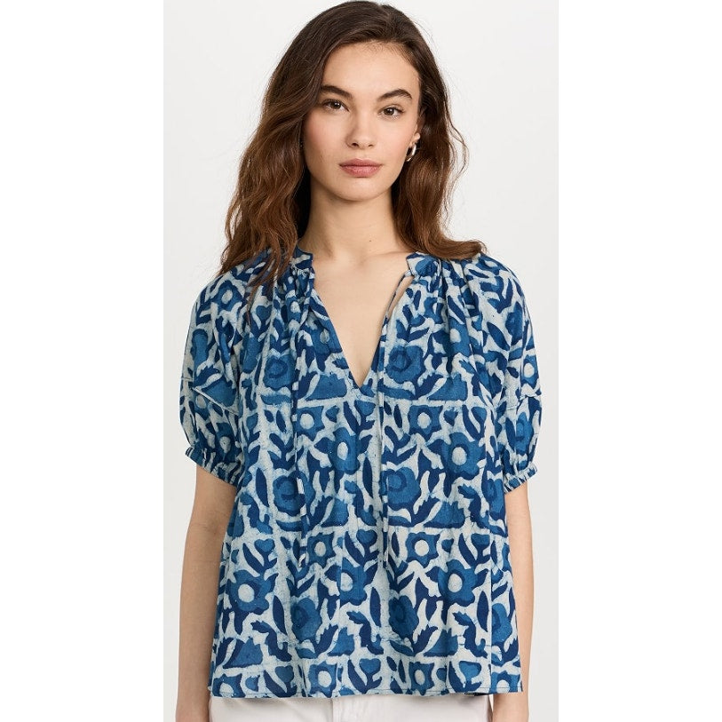 Apiece Apart Lumina Popover Blouse Organic Cotton Batik Floral Indigo Print XS