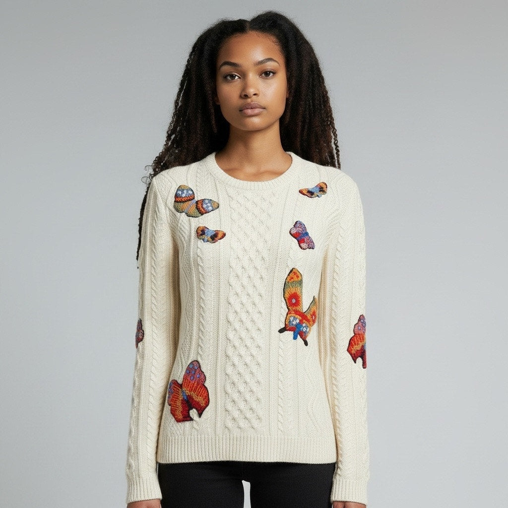 Valentino Butterfly Embroidered Sweater Cream Multicolor Cable Knit Size Medium