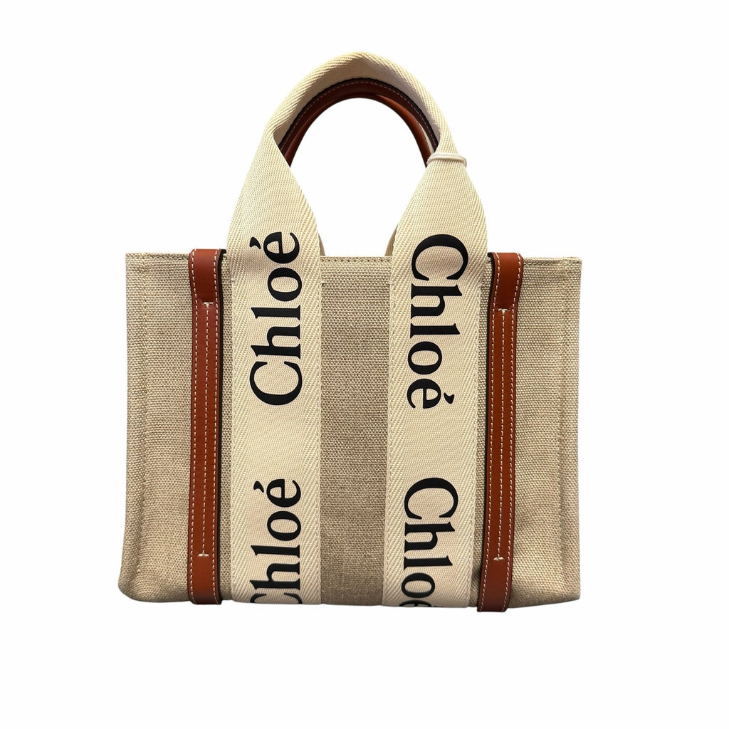 NWT Chloe Woody Small Logo Tote Canvas Linen Leather Shouler Strap White Brown