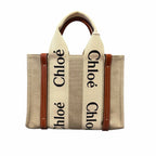 NWT Chloe Woody Small Logo Tote Canvas Linen Leather Shouler Strap White Brown