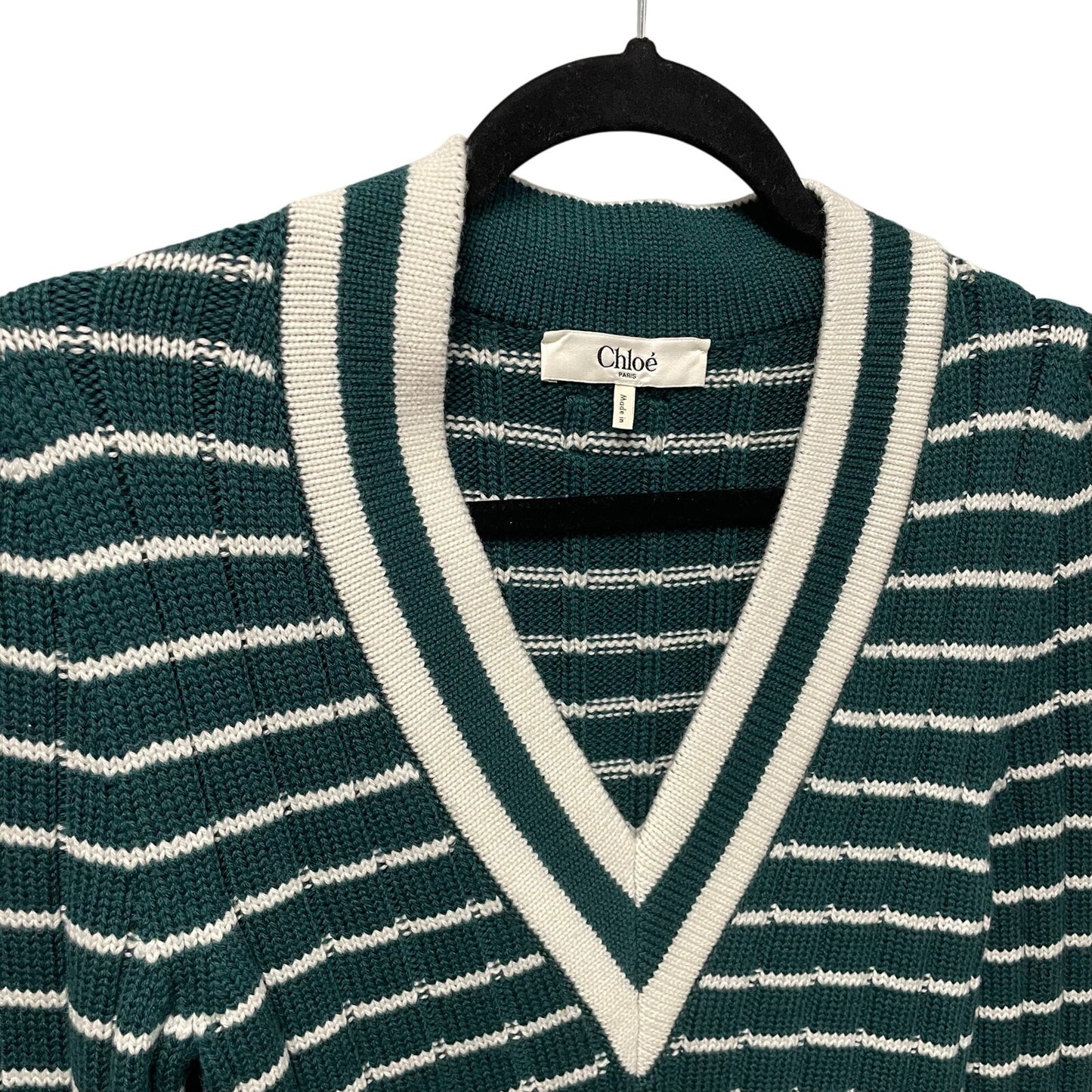 NWT Chloe Striped Ribbed Knit V Neck Jumper Sweater Dark Green Womens Small