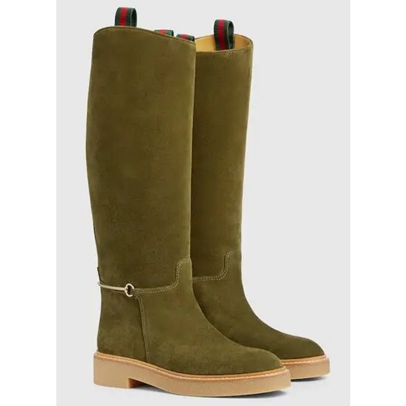 Gucci Slim Horsebit Accent Tall Boots Green Suede Womens Size 39 / US 9 Luxury