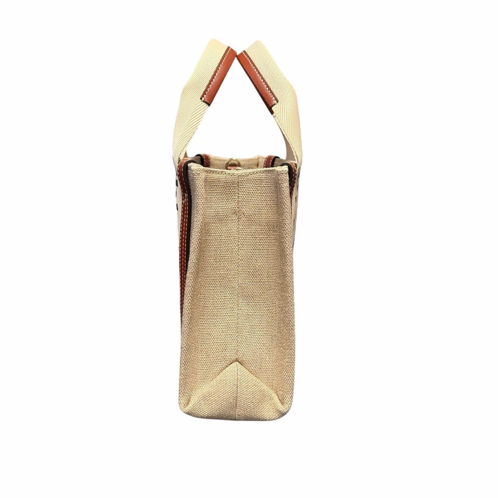 NWT Chloe Woody Small Logo Tote Canvas Linen Leather Shouler Strap White Brown