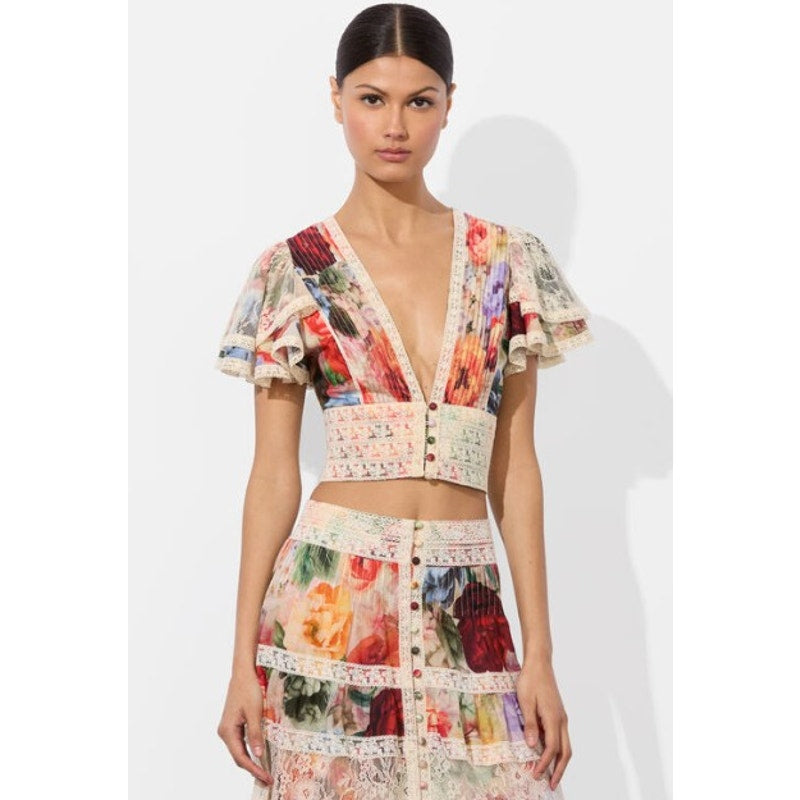 NWT Alice + Olivia Storm Floral Print Keeley Short Sleeve Blouse Womens Small