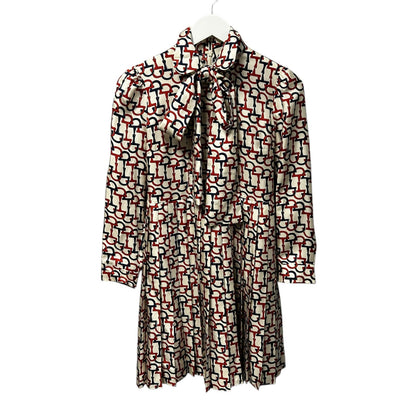 Gucci Cream Navy Orange Horsebit Print 100% Silk Pleated Mini Dress Womens XS/S?