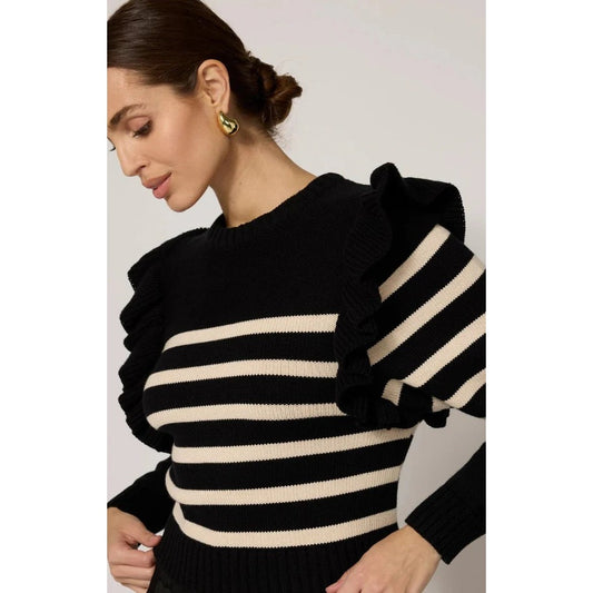 Cleobella Blair Sweater Black Cream Striped Ruffle Accent Crewneck Size Medium