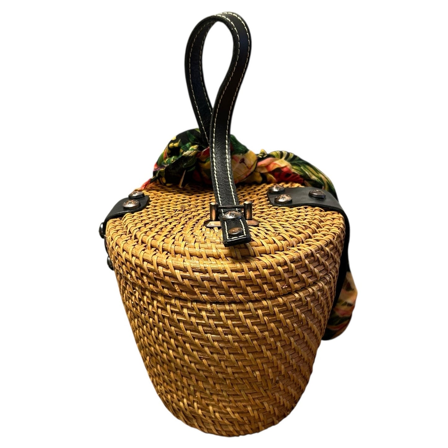 Patricia Nash Caselle Woven Wicker Leather Trim Top Handle Basket Bag with Scarf