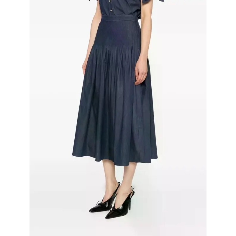 NWT Carolina Herrera Dark Navy Denim Pleated A Line Midi Skirt Womens 0