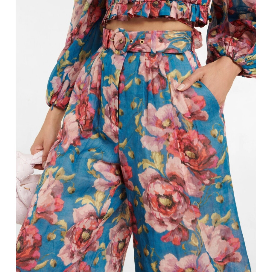 Zimmermann Floral High Rise Wide Leg Ramie Pants Belted Teal Pink AU 0 / US 4