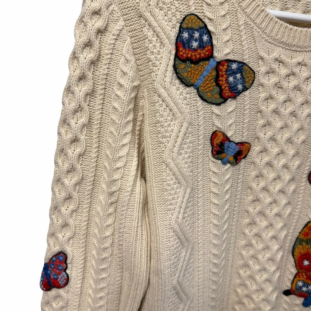 Valentino Butterfly Embroidered Sweater Cream Multicolor Cable Knit Size Medium