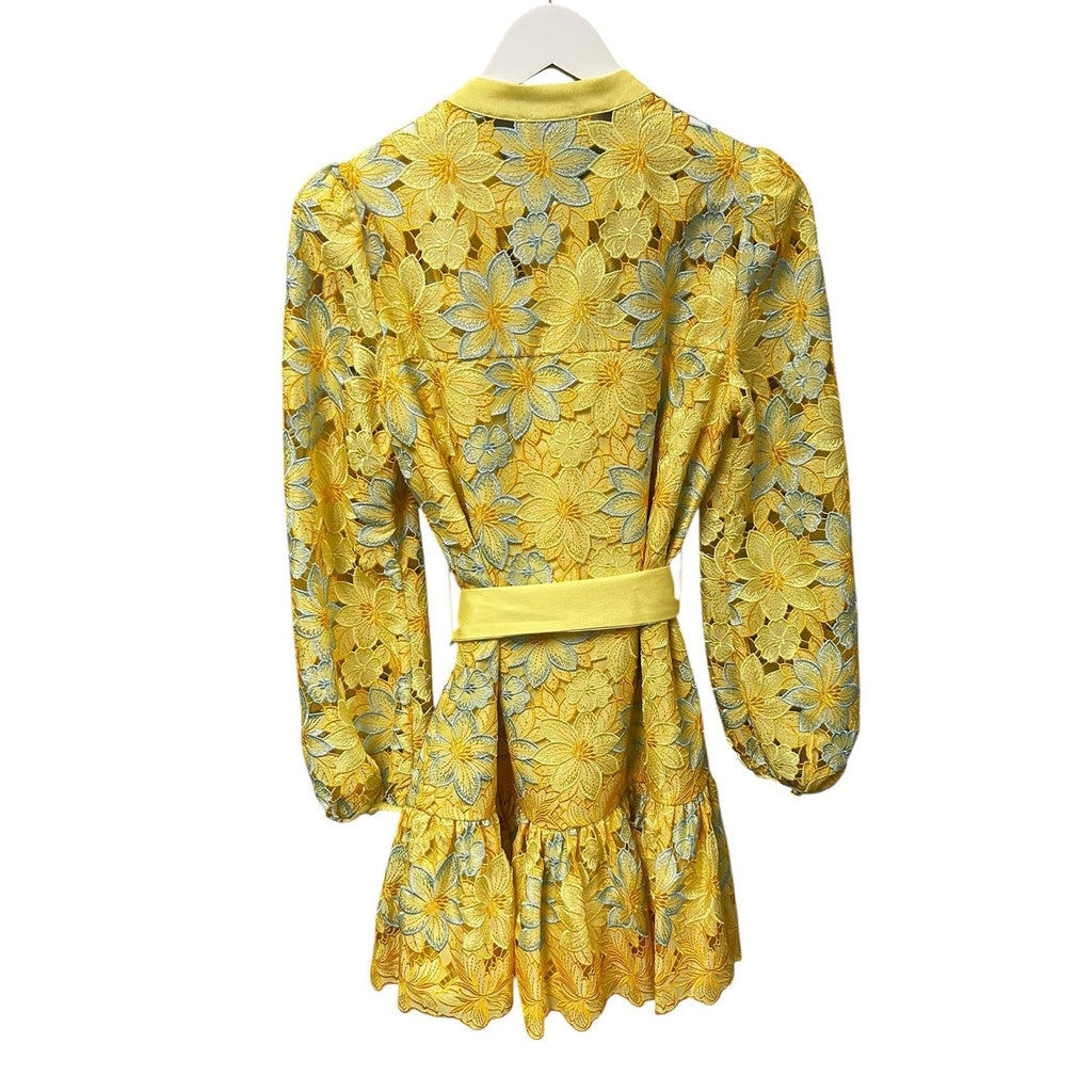 NWT Milly Yellow Multicolor Nellie Floral Lace Long Sleeve Mini Dress Womens 4