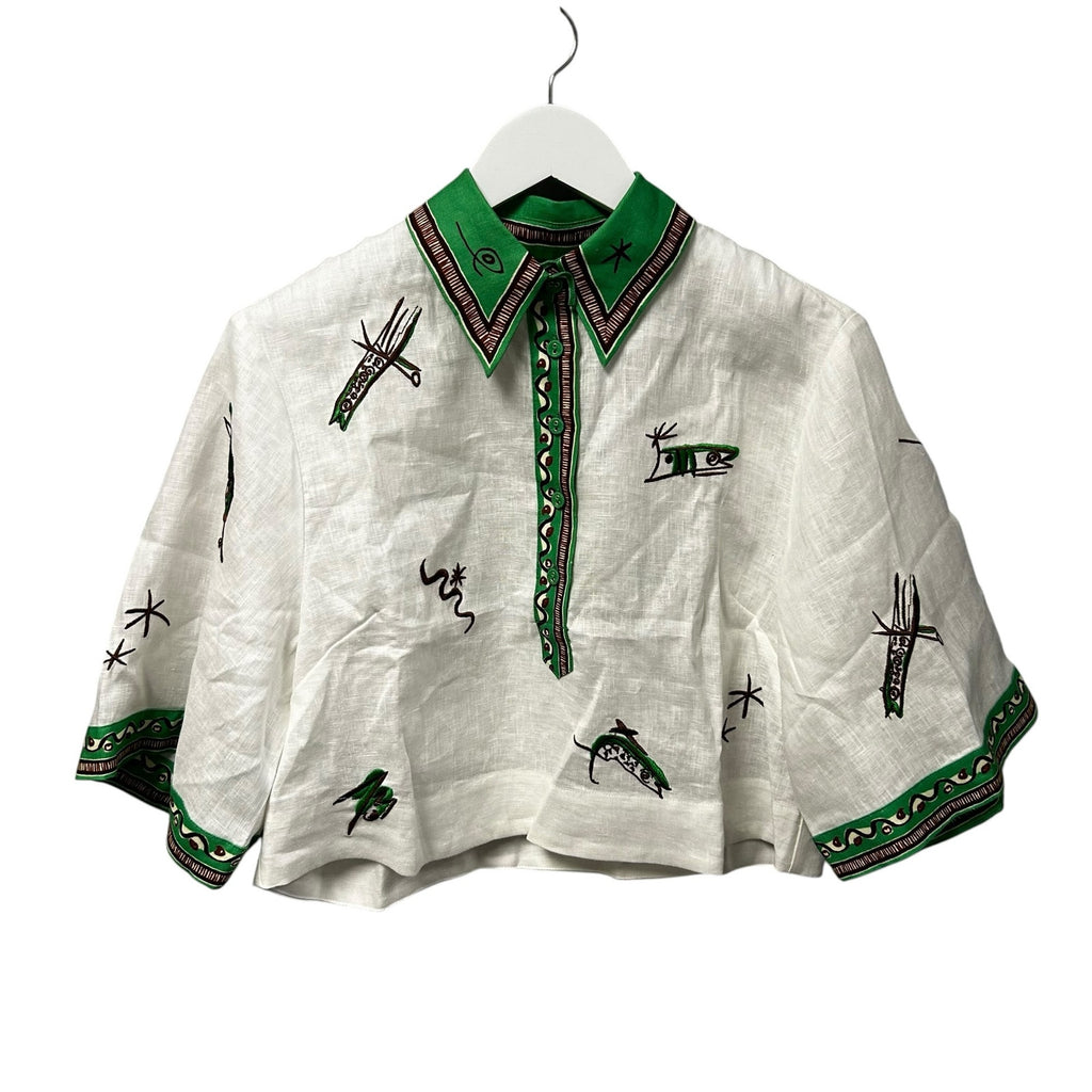 NWT Alemais Ivory Green Wanda Embroidered Cropped Shirt Womens US 2
