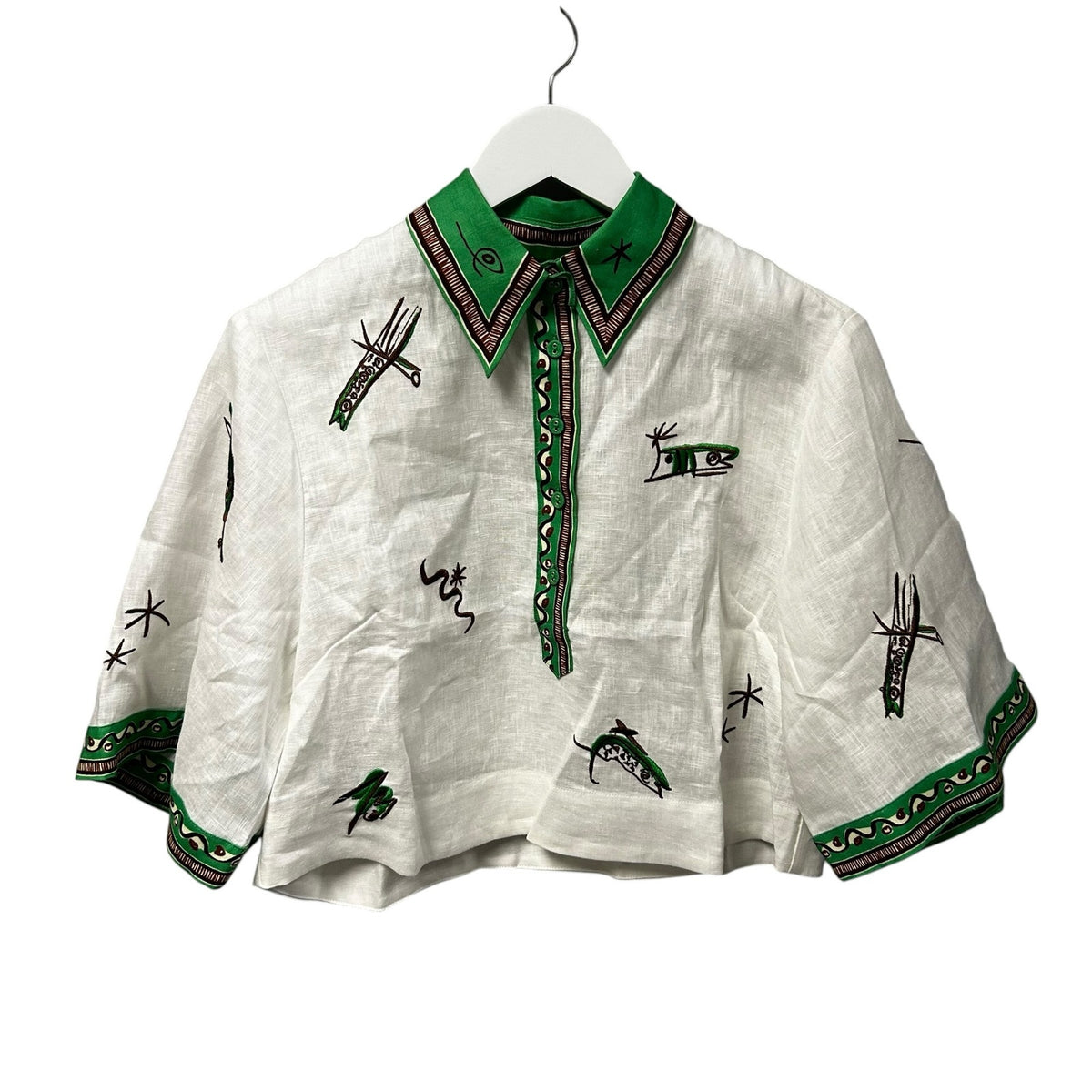 NWT Alemais Ivory Green Wanda Embroidered Cropped Shirt Womens US 2
