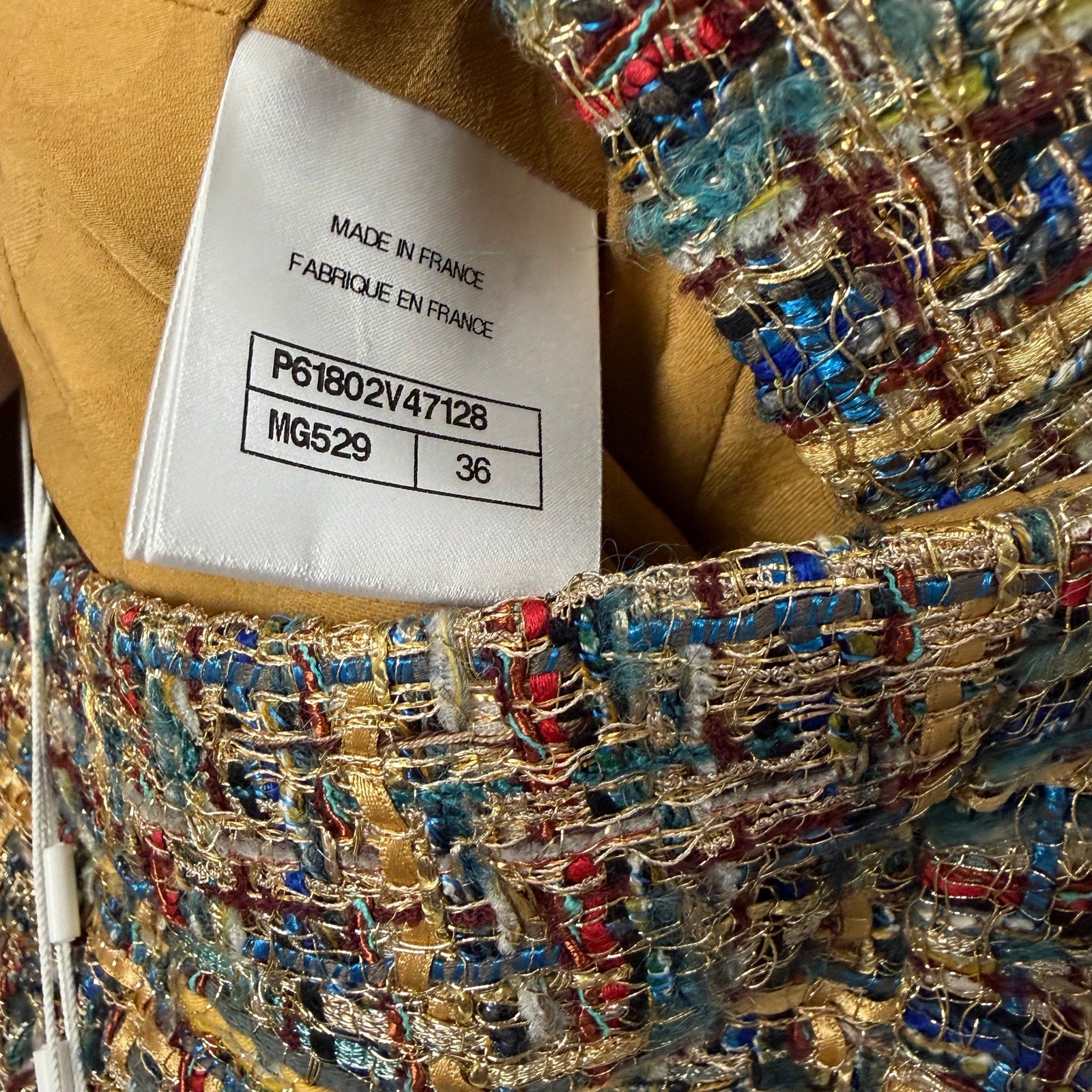 NWT Chanel 2019 Gold Blue Green Tweed Button Front Jacket Womens FR 36 / US 4