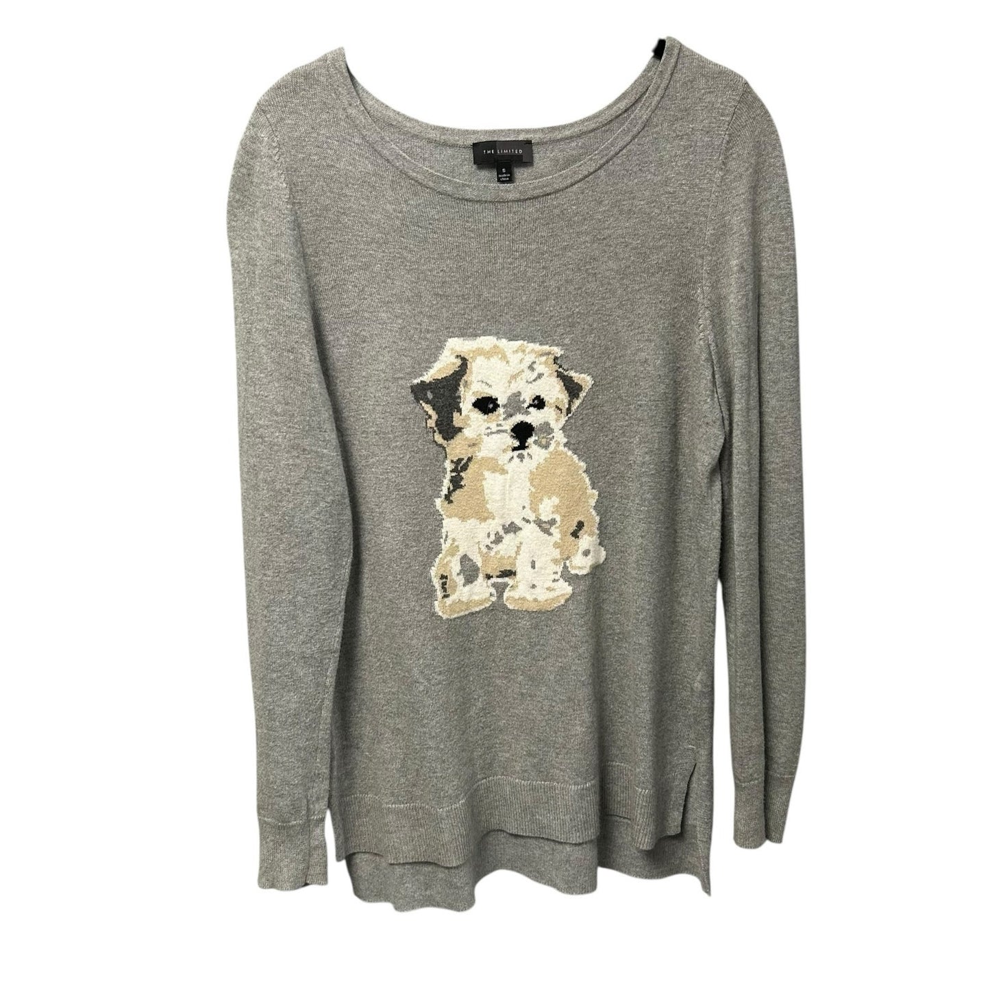 The Limited Gray Cream Dog Graphic Long Sleeve Pullover Sweater Womens Small