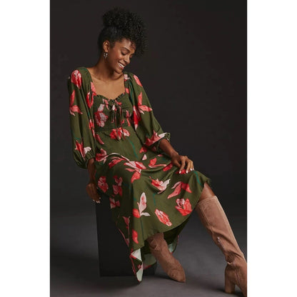 Hutch Anthropologie Green Floral Print Sweetheart Bow Front Dress Womens Small