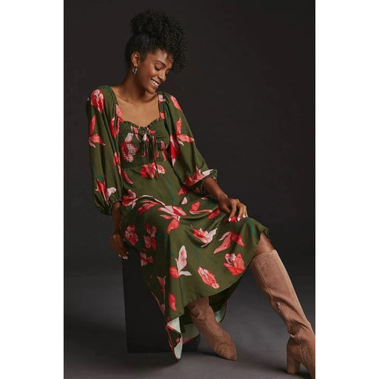 Hutch Anthropologie Green Floral Print Sweetheart Bow Front Dress Womens Small