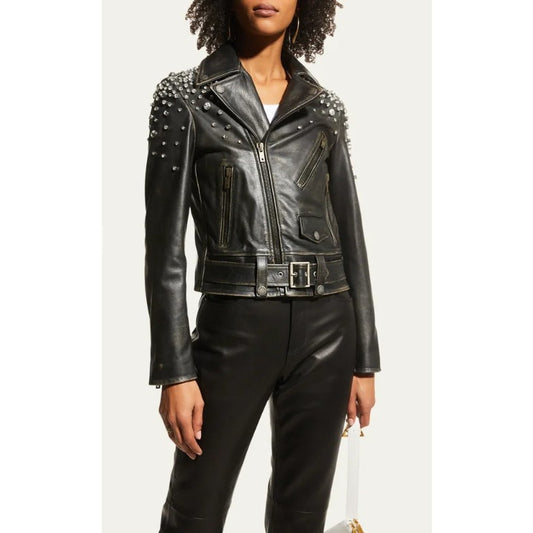 Golden Goose Black Distressed Leather Jacket with Crystals Womens 38 / US 2
