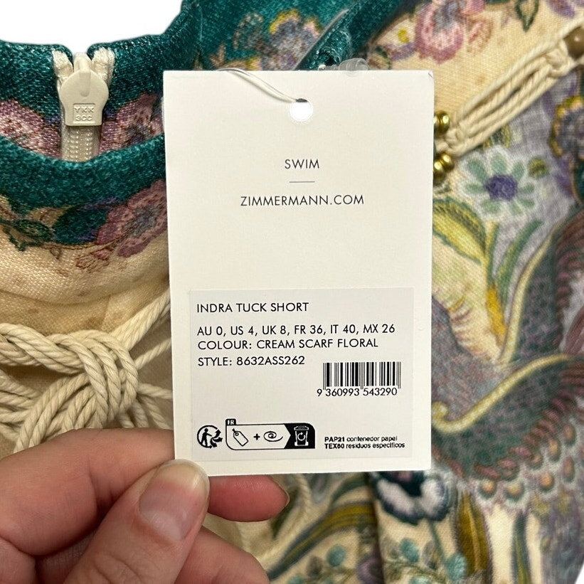 NWT Zimmerman Cream Scarf Floral Print Indra Tuck 100% Linen Short Womens US 4