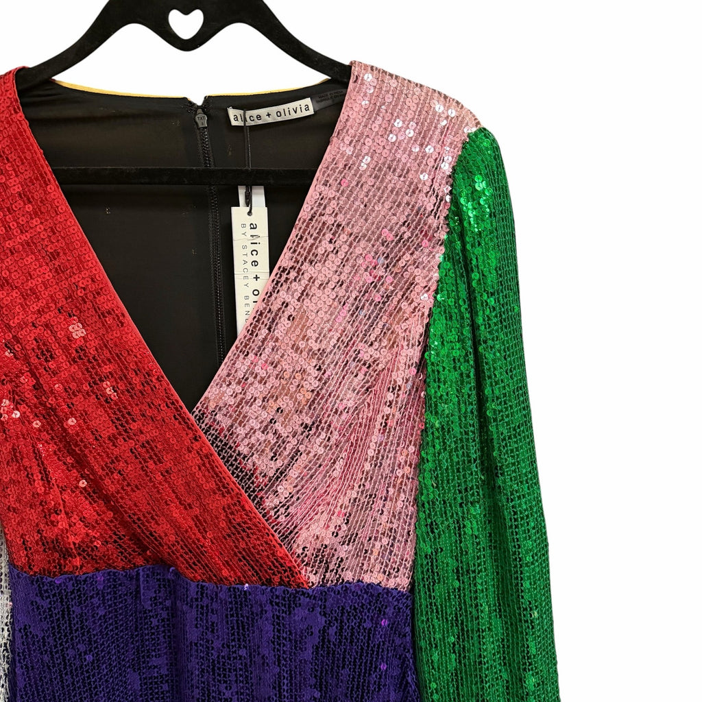 NWT Alice + Olivia Blaze Mini Dress Sequin Colorblock Multi Long Sleeve Size 0