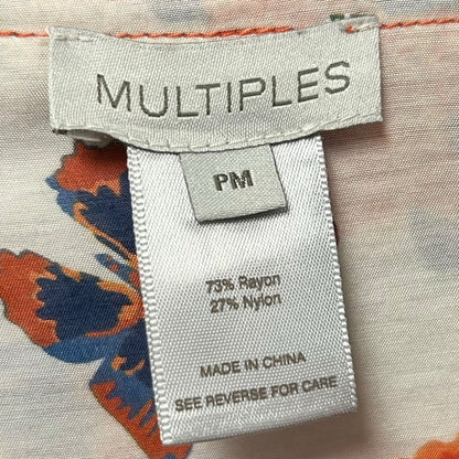 Multiples Orange Navy Floral Butterfly Print Button Up Top Womens Petite Medium