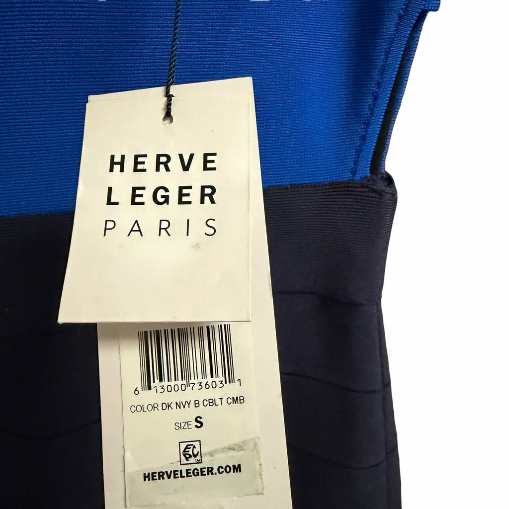 NWT Herve Leger Paris Dark Navy Cobalt Blue Color Block Bandage Dress Size Small