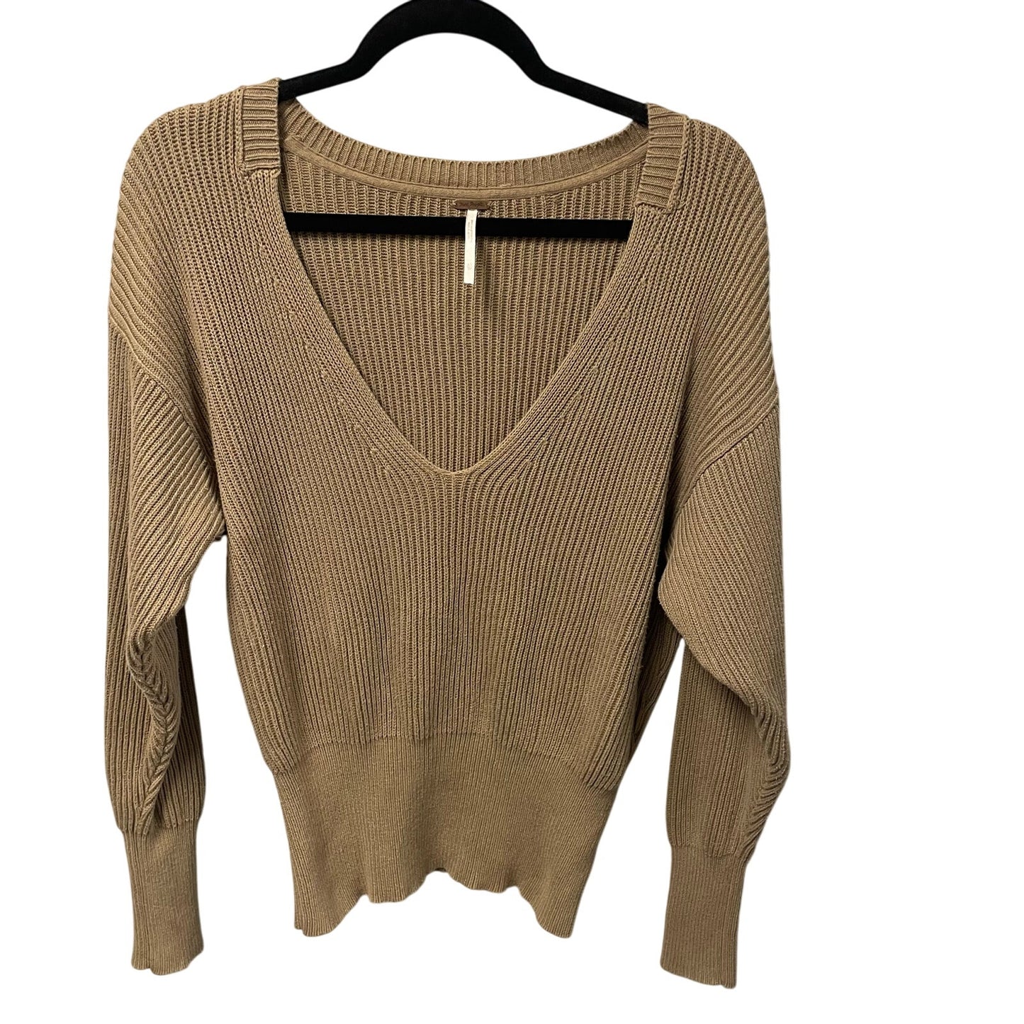 Free People Allure Pullover Knit V Neck Sweater Taupe Light Brown Womens XS