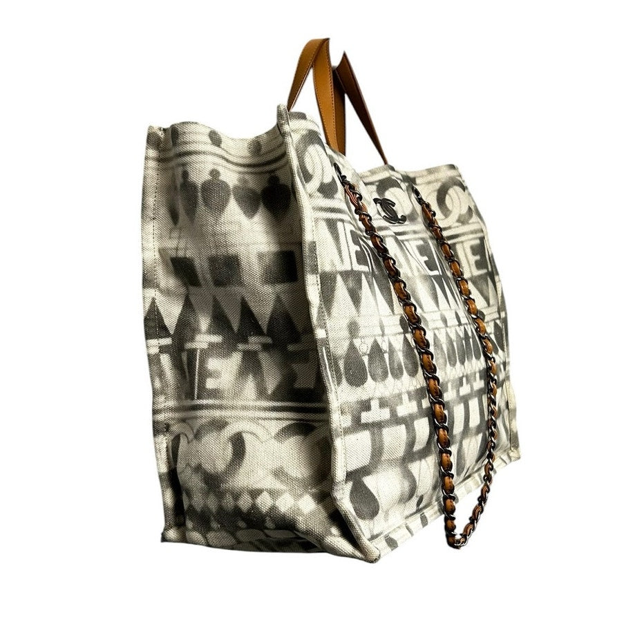 Chanel Cream Gray Canvas Iliad Chain Leather Strap Shopping Tote Bag