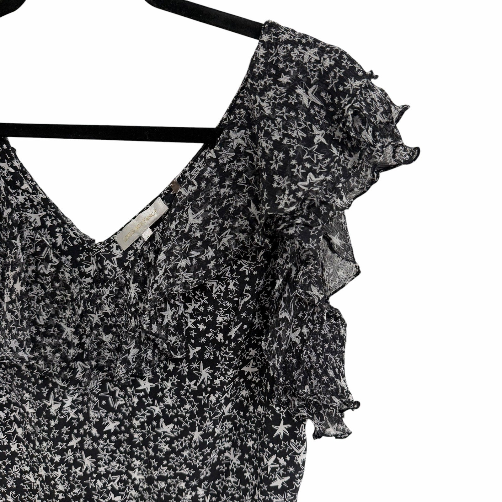 LoveShackFancy Pure Silk Black White Star Print Ruffled Mini Dress Womens 10