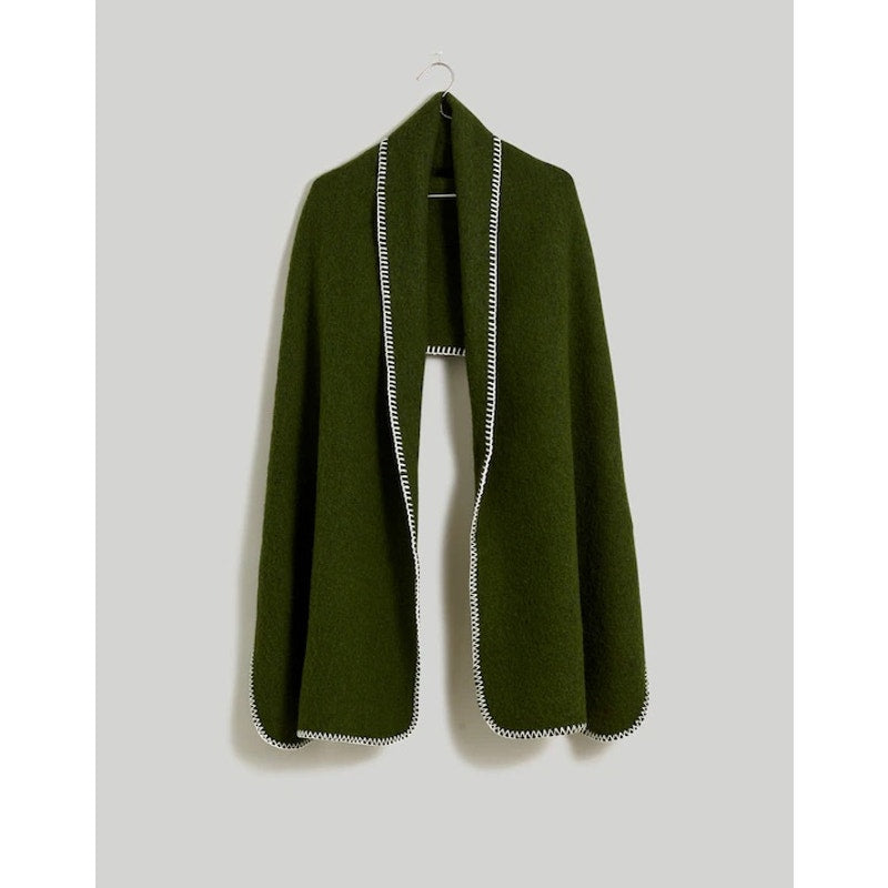 NWT Madewell Loden Green White Contrast Blanket-Stitch Wool Blend Scarf