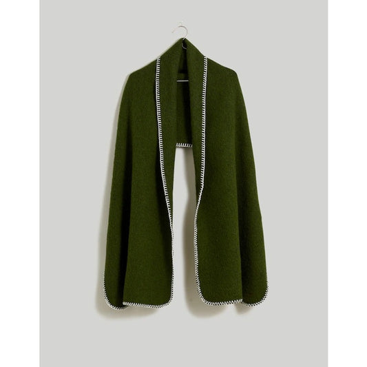 NWT Madewell Loden Green White Contrast Blanket-Stitch Wool Blend Scarf
