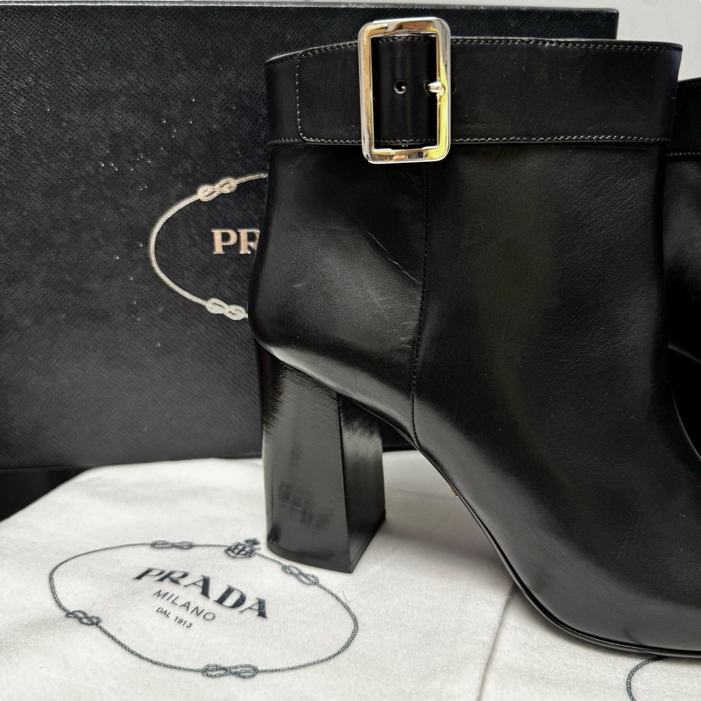 NEW Prada Black Leather Round Toe Platform Ankle Boots Womens 7.5