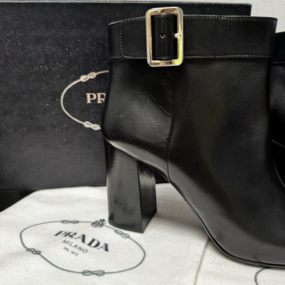 NEW Prada Black Leather Round Toe Platform Ankle Boots Womens 7.5