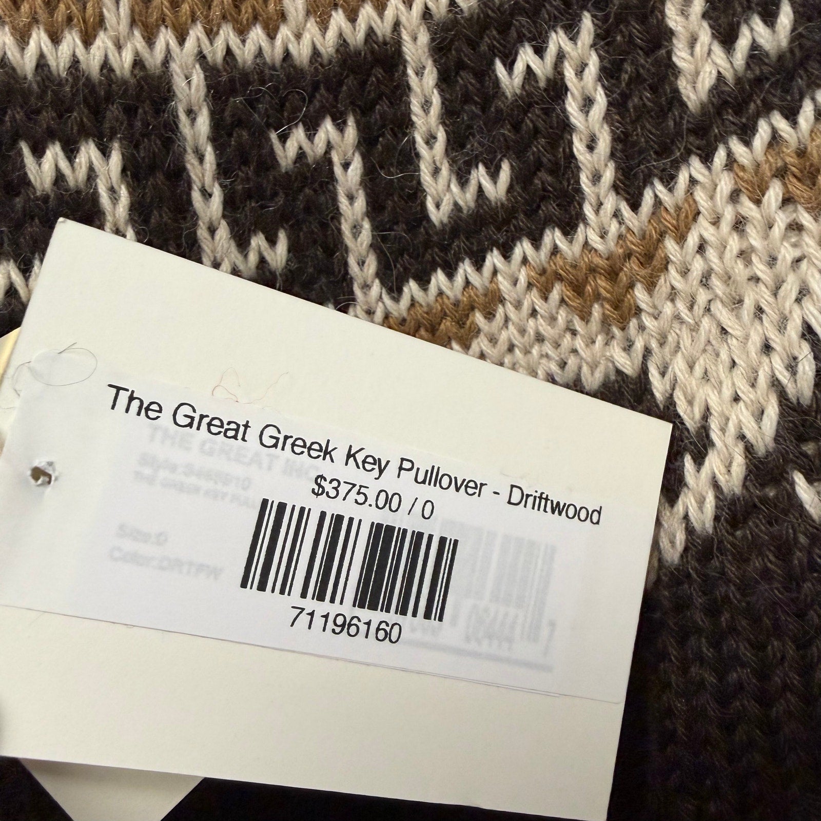 NWT The Great Greek Key Pullover Sweater Driftwood Neutral Intarsia 0 / US XS