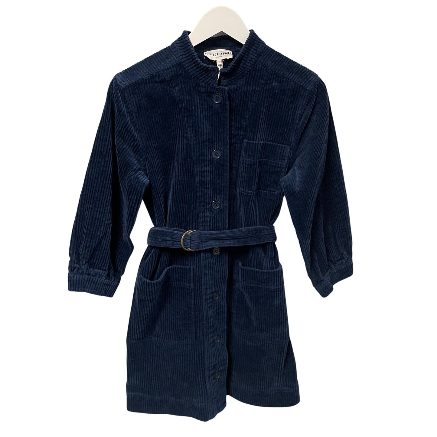 Apiece Apart Aragon Button Front Navy Blue Corduroy Mini Shirt Dress Womens 2